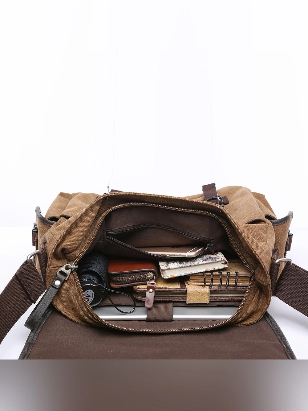 Men's Navy Canvas Messenger Bag with Brown Accents - Everyday Crossbody